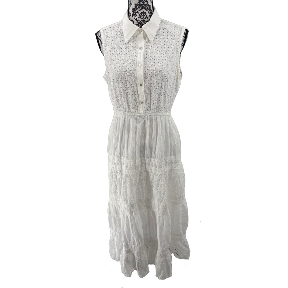 Magic White Eyelet Maxi Dress Collared Button Front Tiered Lace Boho Cottagecore - Picture 2 of 11